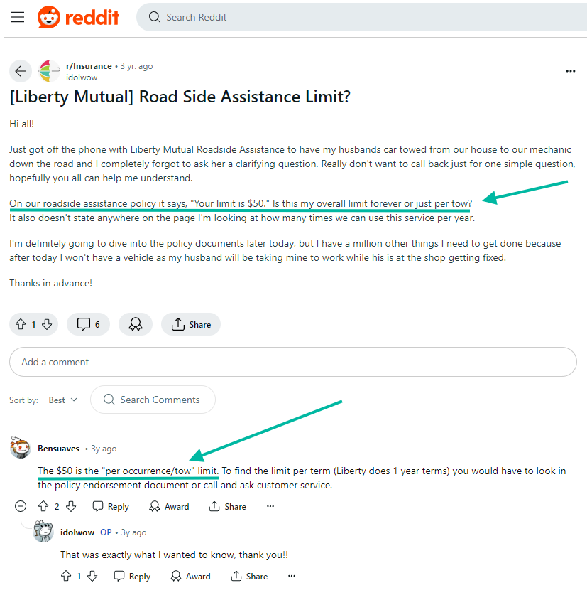 Does Liberty Mutual car insurance include roadside assistance?: Reddit Site Screenshot
