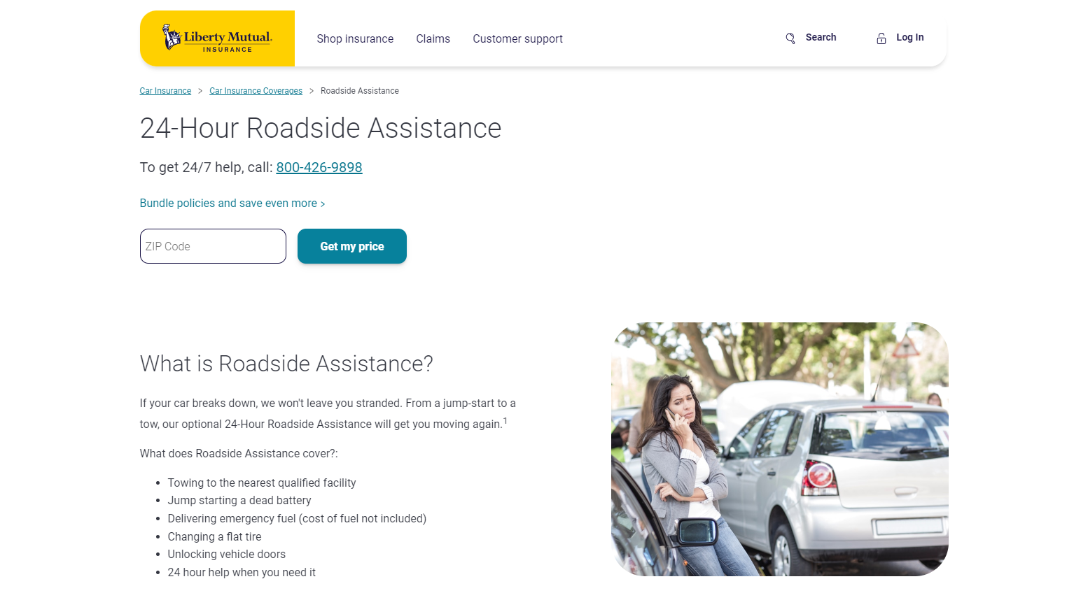 Does Liberty Mutual car insurance include roadside assistance?: Liberty Mutual Roadside Assistance Site Screenshot