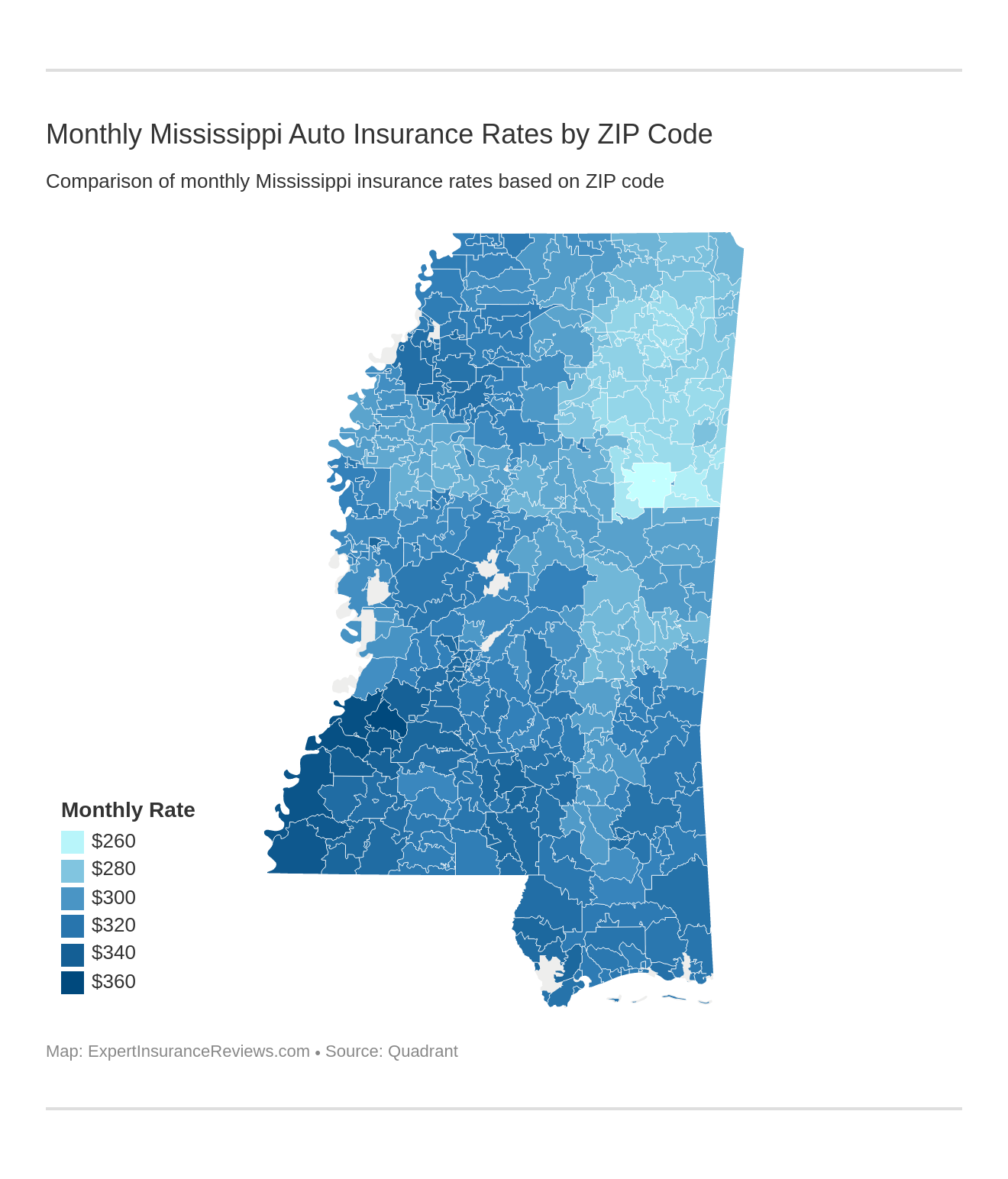 Monthly Mississippi Auto Insurance Rates by ZIP Code