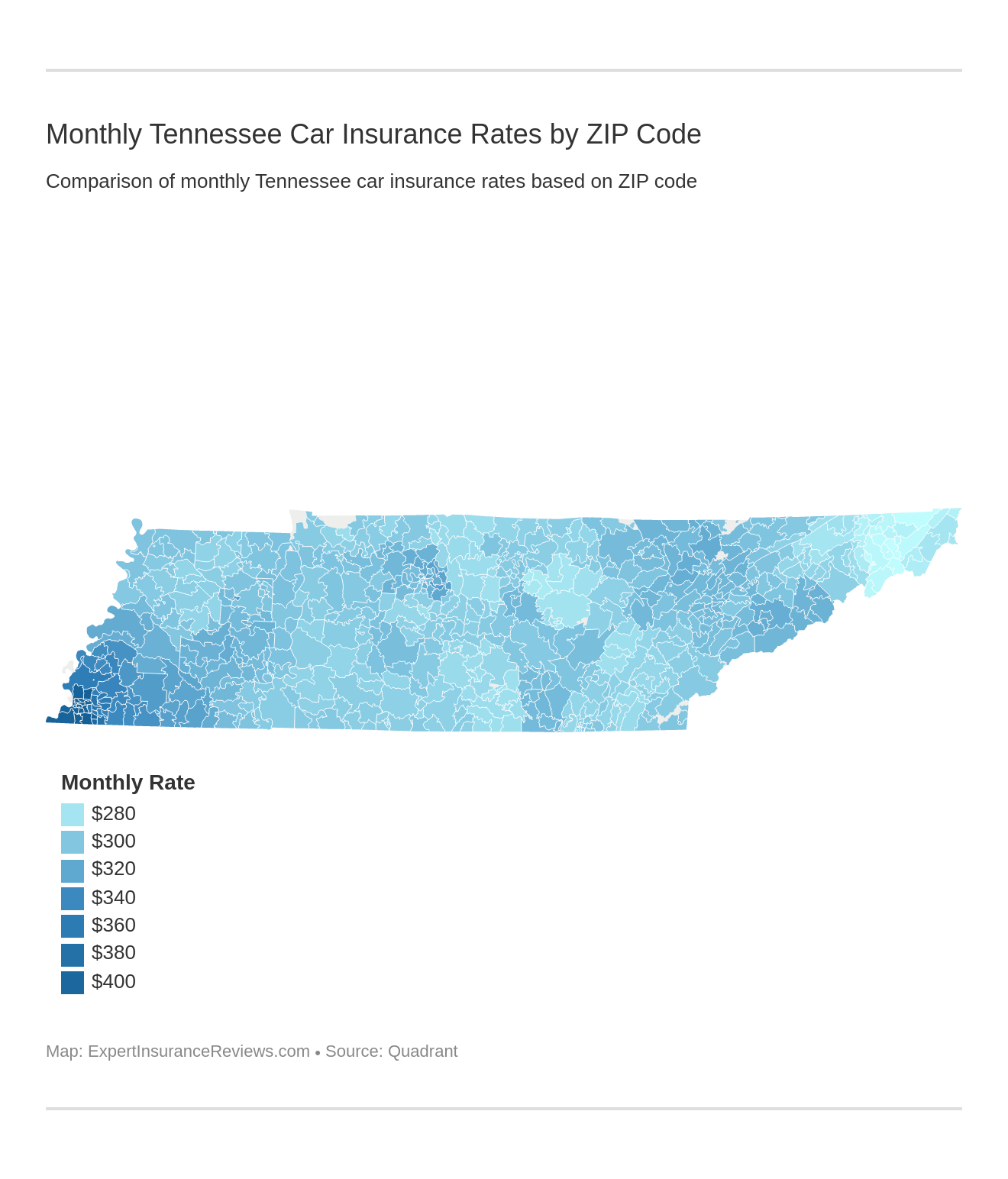 Monthly Tennessee Car Insurance Rates by ZIP Code