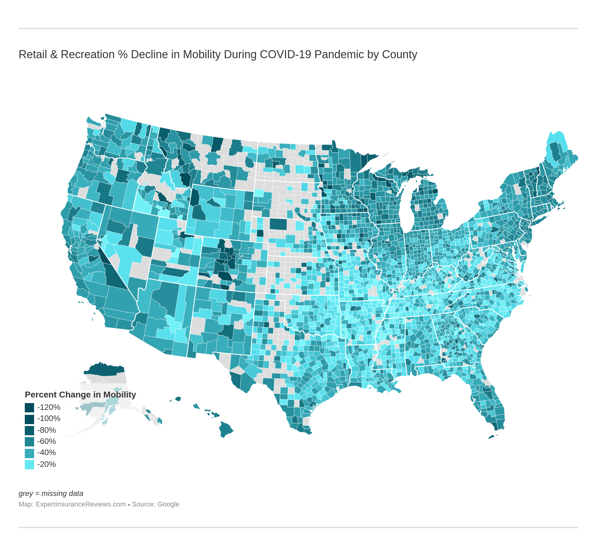 Retail & Recreation % Decline in Mobility During COVID-19 Pandemic by County