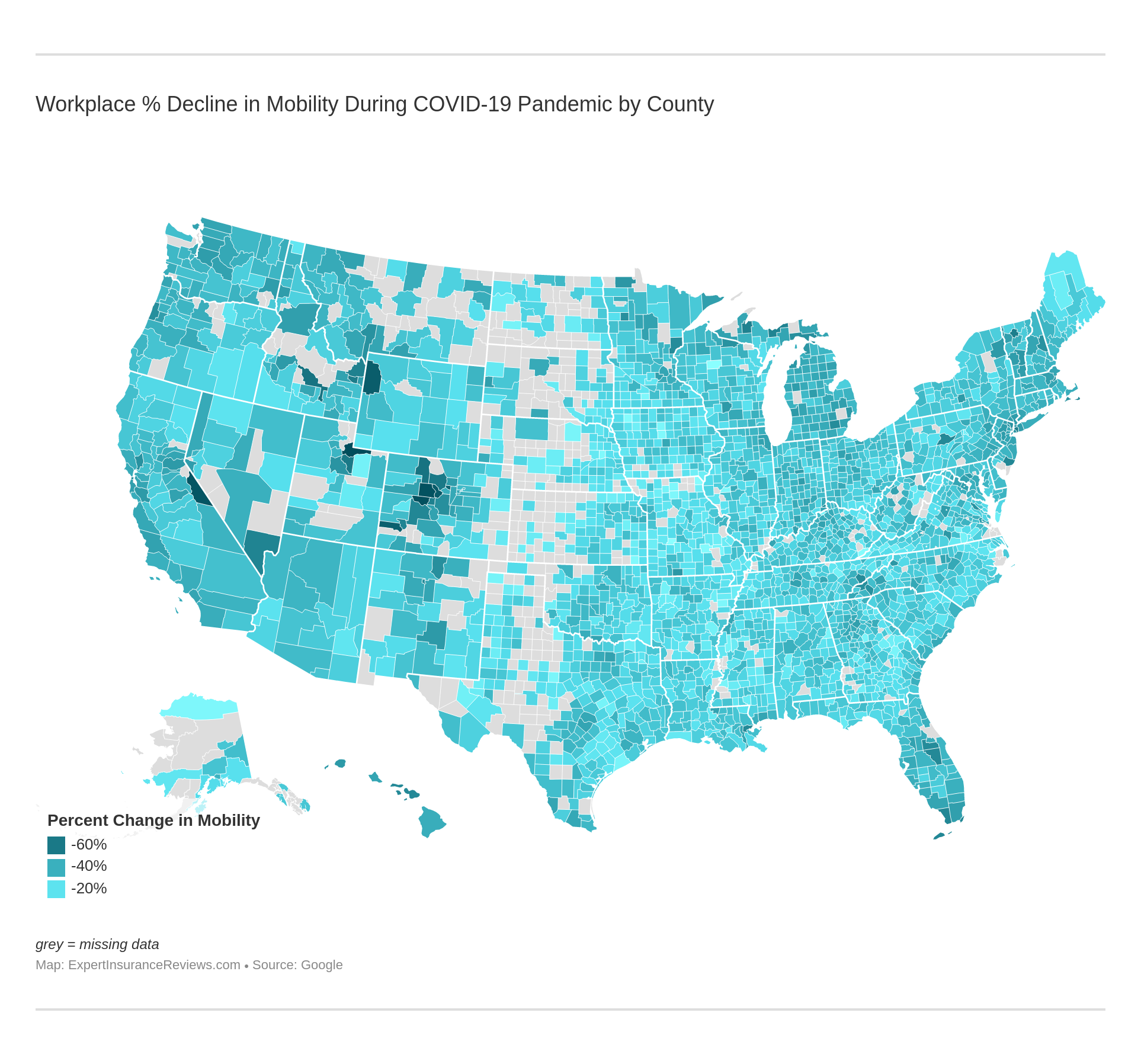 Workplace % Decline in Mobility During COVID-19 Pandemic by County